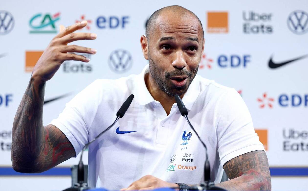 Former French football player and newly appointed France U21 head coach Thierry Henry delivers a press conference in Clairefontaine-en-Yvelines on September 4, 2023. (Photo by FRANCK FIFE / AFP)