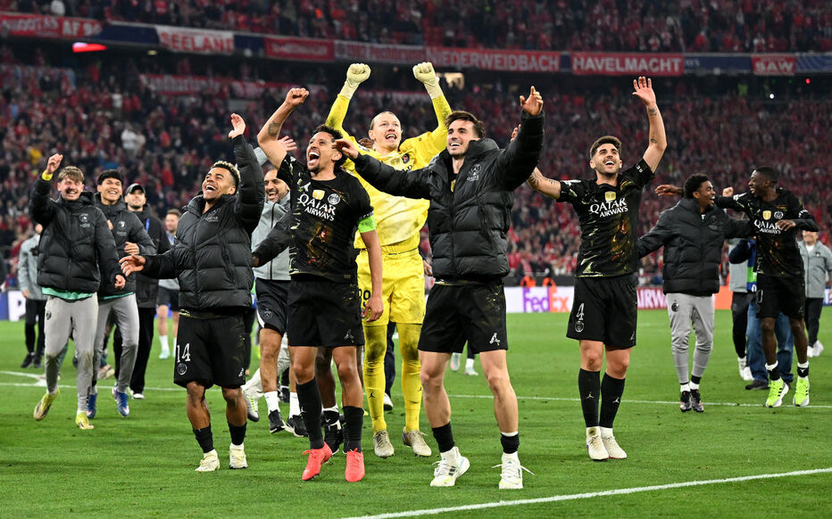 Soccer Football - UEFA Champions League - Semi Final - Second Leg - Bayern Munich v Paris St Germain - Allianz Arena, Munich, Germany - May 6, 2026
Paris St Germain's Desire Doue, Marquinhos, Matvey Safonov and Fabian Ruiz celebrate after reaching the UEFA Champions League final REUTERS/Angelika Warmuth