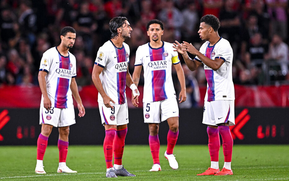 Ferran TORRES of Paris Saint Germain (PSG) and Desire DOUE of Paris Saint Germain (PSG) during the Ligue 1 McDonald's match between Rennes and Paris SG at Roazhon Park on August 23, 2026 in Rennes, France. (Photo by Baptiste Fernandez/Icon Sport)